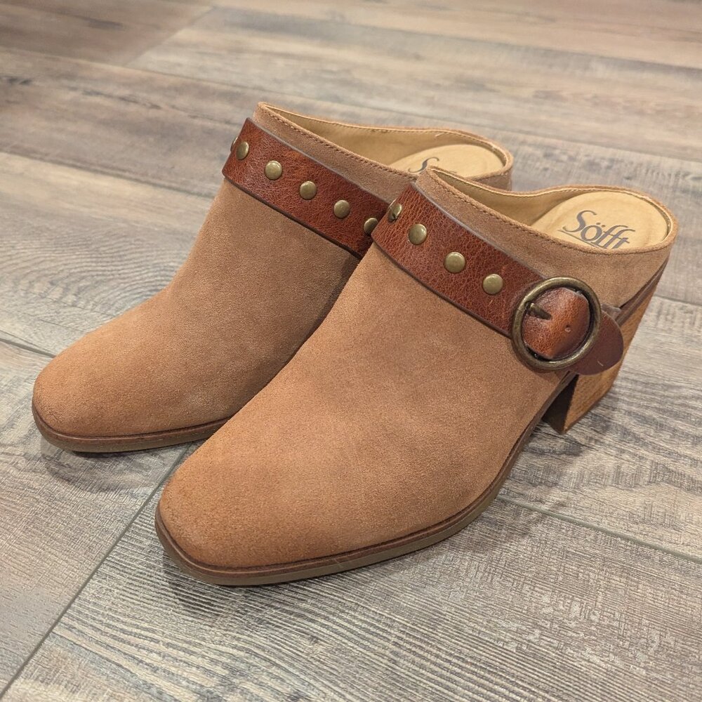 Sofft Women's Corey Western Mule Block Heels Brown Clog Studded Leather 9.5